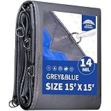 RAINDEWAY Tarps Heavy Duty Waterproof 15x15 Feet -14 Mils Super Heavy Duty Tarp with Metal Rings and Reinforced Corners and E