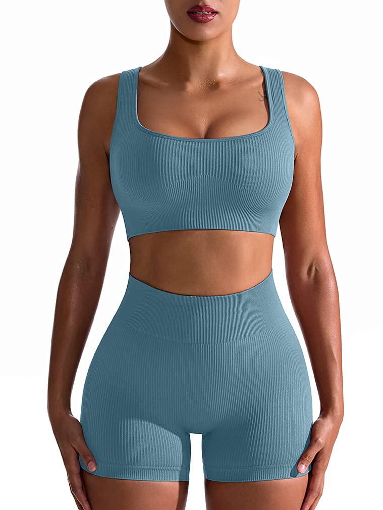 Photo 1 of OQQ Women's Workout 2 Piece Seamless Ribbed High Waist Legging Sports Exercise Set Bra Outfit, Blue, Small