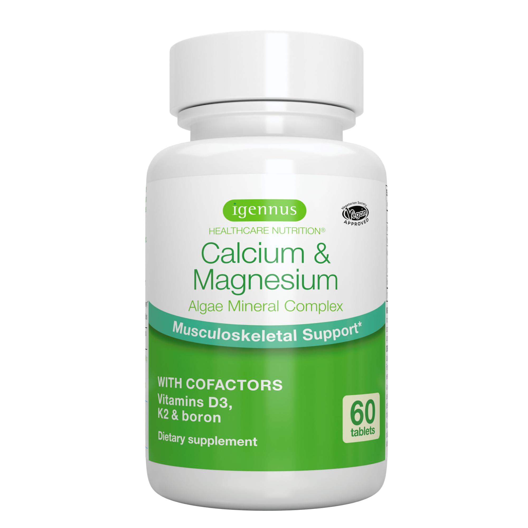 Igennus Algae Calcium & Magnesium Supplement, Plant Based, High Absorption, K2 & D3, Non-GMO Red Algae Mineral Complex for Bone & Teeth Support, for Women and Men, with Boron, Vegan, 60 Tablets