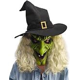 Adult Wicked Witch Mask Realistic Full Head Latex Halloween Costume Mask | with Long White Hair and Black Witch Hat, Scary Witch Costume for Parties, Cosplay &amp; Events