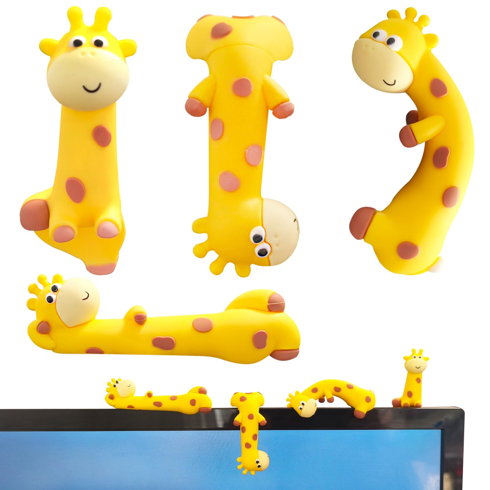 CIGYPLICI 4 PCS Resin Giraffe Figurine Computer Monitor Decor,Cute Mini Goose Statues for Car Dashboard,Funny Desk/TV/Photo Frame Decorations (Yellow Giraffe)