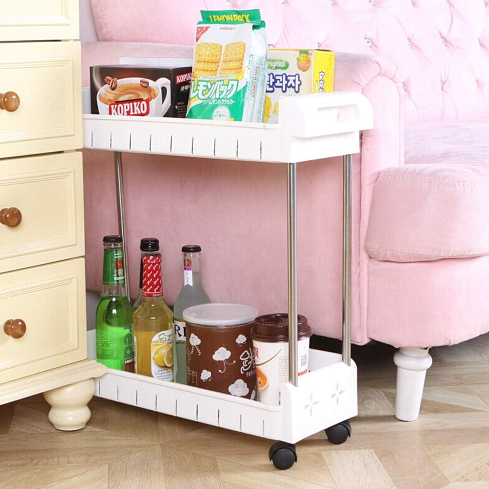2 Tier Slim Storage Cart Mobile Shelving Unit Slide Out Storage Tower for Kitchen Bathroom Laundry Room Narrow Places(White)