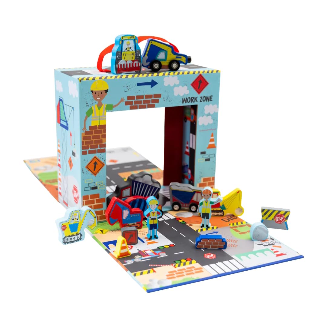 Floss & Rock Kids Magnetic Play Box With Wooden Cars & Accessories - Constructions Portable Box With Handle 3+