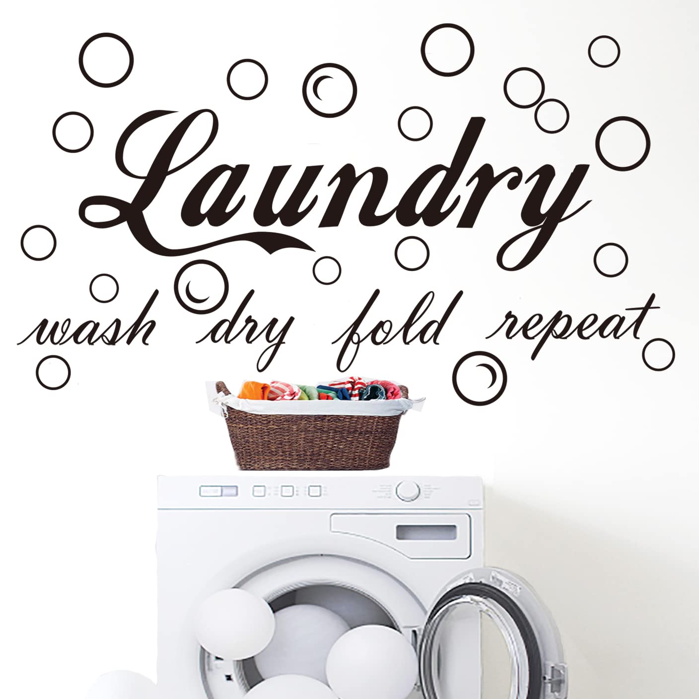 Photo 1 of 23 Pieces Characteristic Laundry Room Vinyl Wall Decal Saying Wash Dry Fold Repeat Wall Sticker Bubble Sticker Decals Laundry Art Signs Wall Quote Sticker for Decoration (19.7 x 15 inches)