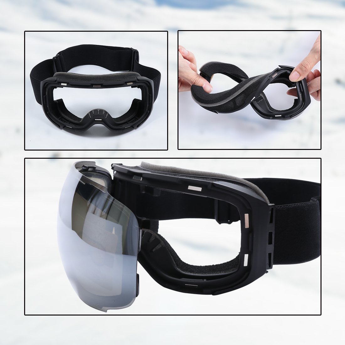 TUONROAD Maschera da Sci Snowboard Trattamento Protezione Super grandangolo Goggles Maschera Occhiali antinebbia UV400 Anti Nebbia Completa per Adulti e Adolescenti S-Silver