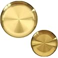 Micro Traders Pack of 2 Gold Tray Round Storage Tray Stainless Steel Round Tray Golden Circular Decorative Plate for Living Rooms Bathrooms Hotels Restaurants, 585-HPW