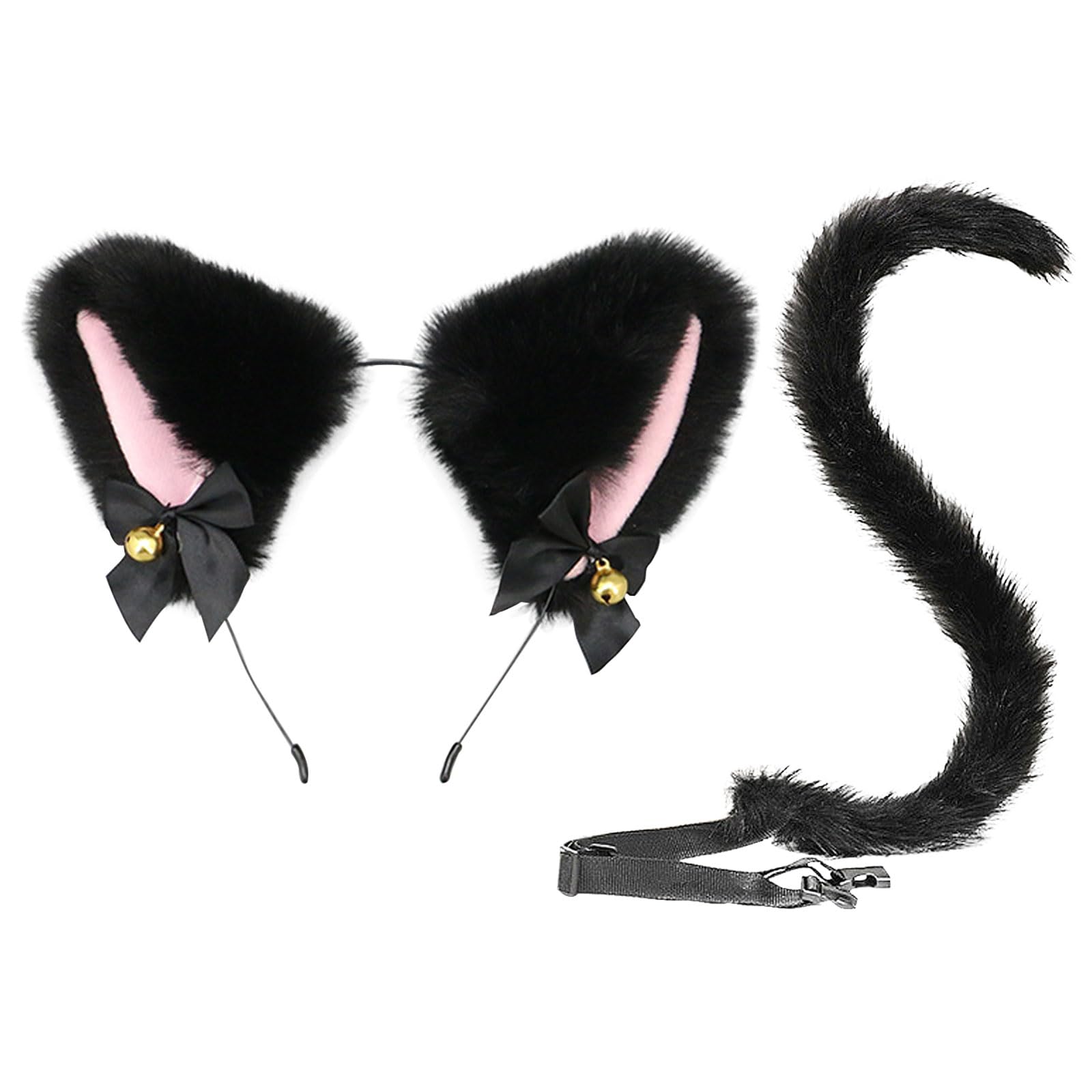 TSHAOUN 2 Pieces Fox Costume - Black Ears Headband, Faux Tail, Animal Costume for Kids Girls Fancy Dress Up, Cosplay Cat Ears Tail Costume for Children Adult Halloween Stage Show