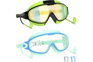 YLKJSWIM Swim Goggles for Kids 3-15 with Earplugs Large Frame Anti-Fog/UV Swimming Goggles for Boys Girls Toddler 2PCS