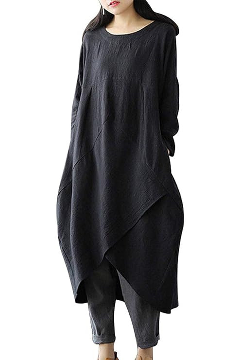 MAGIMODAC Leinenkleid Damen Sommer Lang Tunika Kleid Vintage Baggy Party Kleider Maxikleid Strandkleid Große Größe Gr.38-48