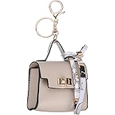 PATIKIL Mini Backpack Keychain, Cute Coin Purse Keychain PU Leather Backpack Purse Key Chain Little Earbud Bag Keychains for Women Mini Card Data Cable Organizer, Beige