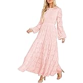 MITILLY Women's Elegant Floral Long Sleeve Round Neck Smocked A-Line Flowy Tiered Maxi Dress with Pockets