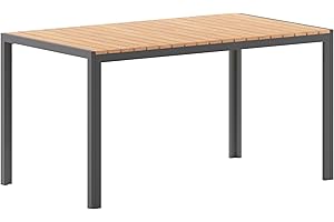 Flash Furniture Finch Commercial Grade Outdoor Dining Table 55" x 31" with Faux Teak Poly Slats and Metal Frame, Natural/Gray