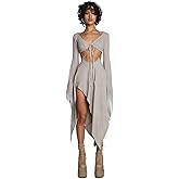 Dolls Kill Echo Asymmetrical Mesh Wrap Dress by Darker WAVS – Semi-Sheer Chiffon and Jersey Dress with Bell Sleeves