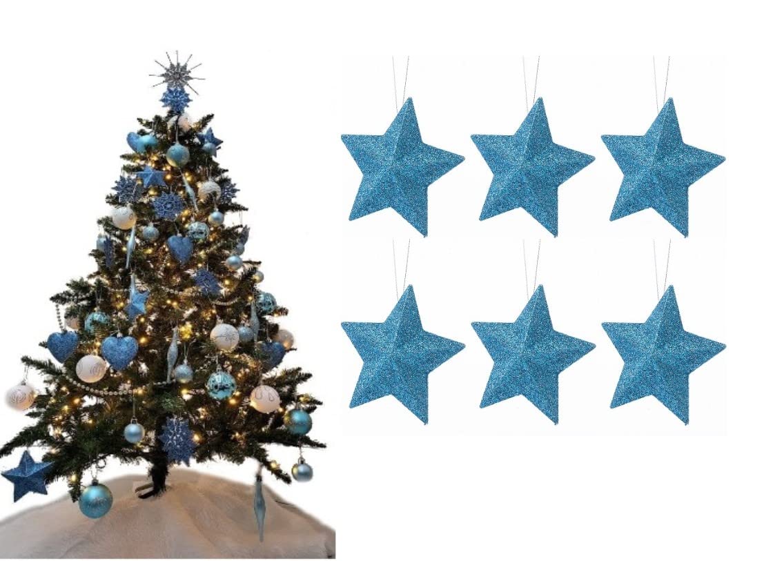Pack of 6-8cm 3D Glitter Star Baubles Christmas Tree Decorations (Ice Blue) — image 1