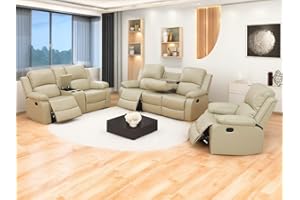 Dekmxas Beige Recliner Sofa Set 3PCS Manual Reclining Sofa Living Room Furniture Sets Contempary Bonded Leather Reclining Couch Set with Cup Holder/Storage Console for Home/Office (Beige, 3PCS Set)