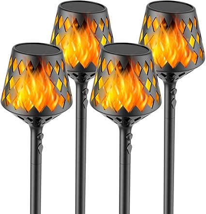 Amazon Com Solar Flame Torches Lights Flickering Flame Dancing Landscape Lanterns Dusk To Dawn Ip65 Waterproof For Outdoor Garden Parties Campfires Camping Beaches Lighting And Decoration 4 Kitchen Dining