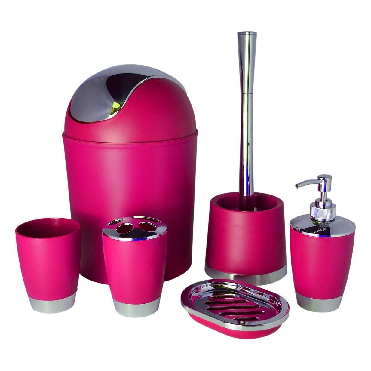 Fingey Bathlux Modern Design 6 Piece Bathroom Accessory Set, Toilet Brush, Waste Bin, Soap Dish, Tooth Brush Holder Soap Dispenser, Rinse Cup (Dark Pink)