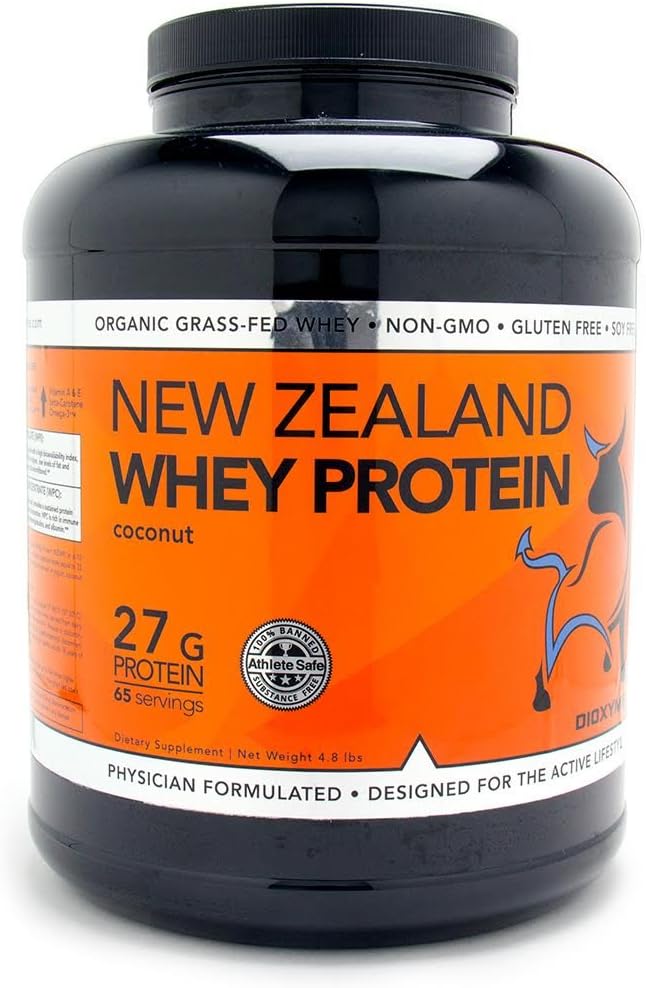 DIOXYME New Zealand Grass FED WHEY Protein - Premium 100% Isolate and Concentrate Proteins - Easy to Mix Powder in a Full 5 LB Tub, Aids Athletic Performance (Coconut)