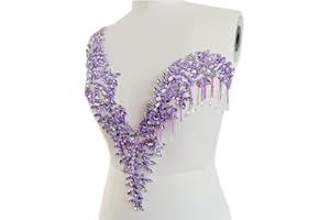 SUDSTY Unique Design handsewing Beads Applique sew on Rhinestones Crystal Sequins Tassel Patches Trimming for One-Shoulder Dress Shining Decoration Accessories 20X9.4 inches (Lightpurple)