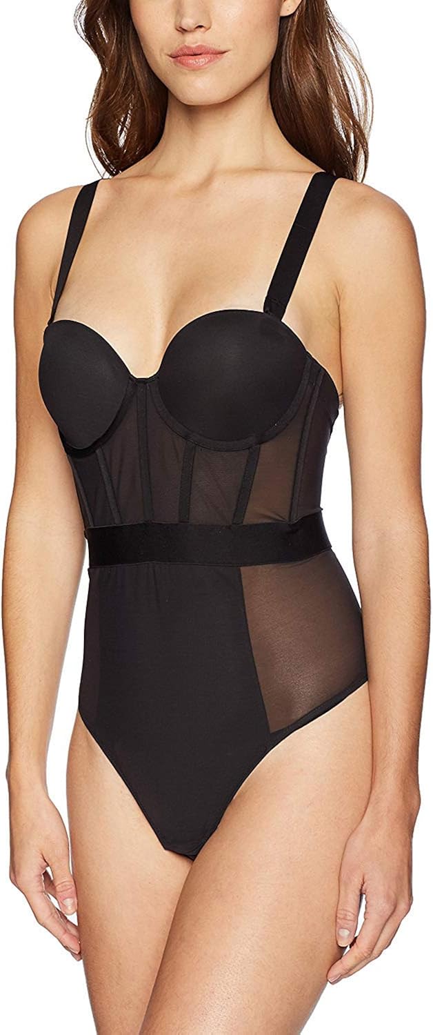 DKNY Intimates Women's Sheers Cupped Strapless Bodysuit, Black (Black