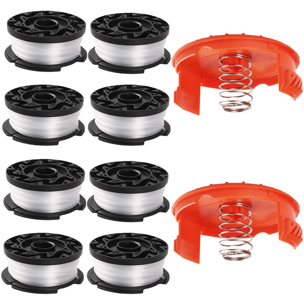 Strimmer Spool Line and Cover Compatible with Black and Decker AF-100 GLC3630L20-GB/ST5530-GB/STC1820PC-GB/BESTA525-GB, Strimmer Spool Wire Replacement (Including 8 Spools+2 Covers+2 Springs)