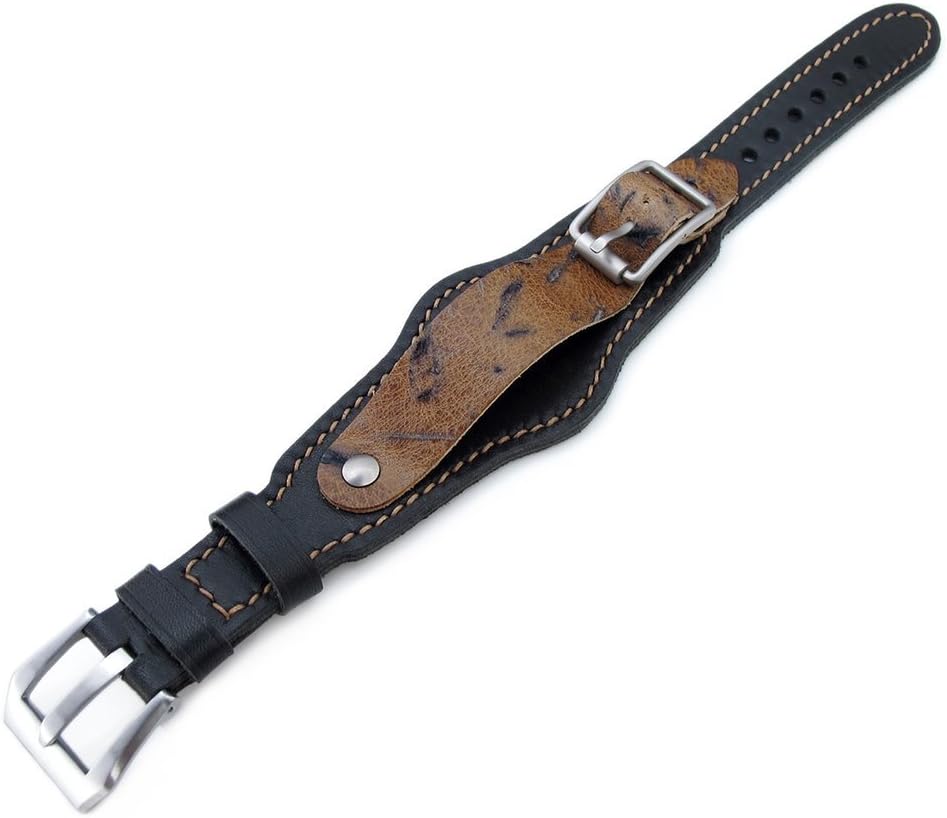 20mm Hezzo Bund Military Style Double-Layer Watch Strap, Black Italian Leather