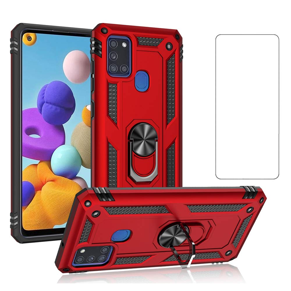 Phone Case for Samsung Galaxy A21S with Tempered Glass Screen Protector Stand Ring Holder Shockproof Silicone Heavy Duty Accessories Magnetic Metal Hard Kickstand A 21S samsunga21scover Girls Red