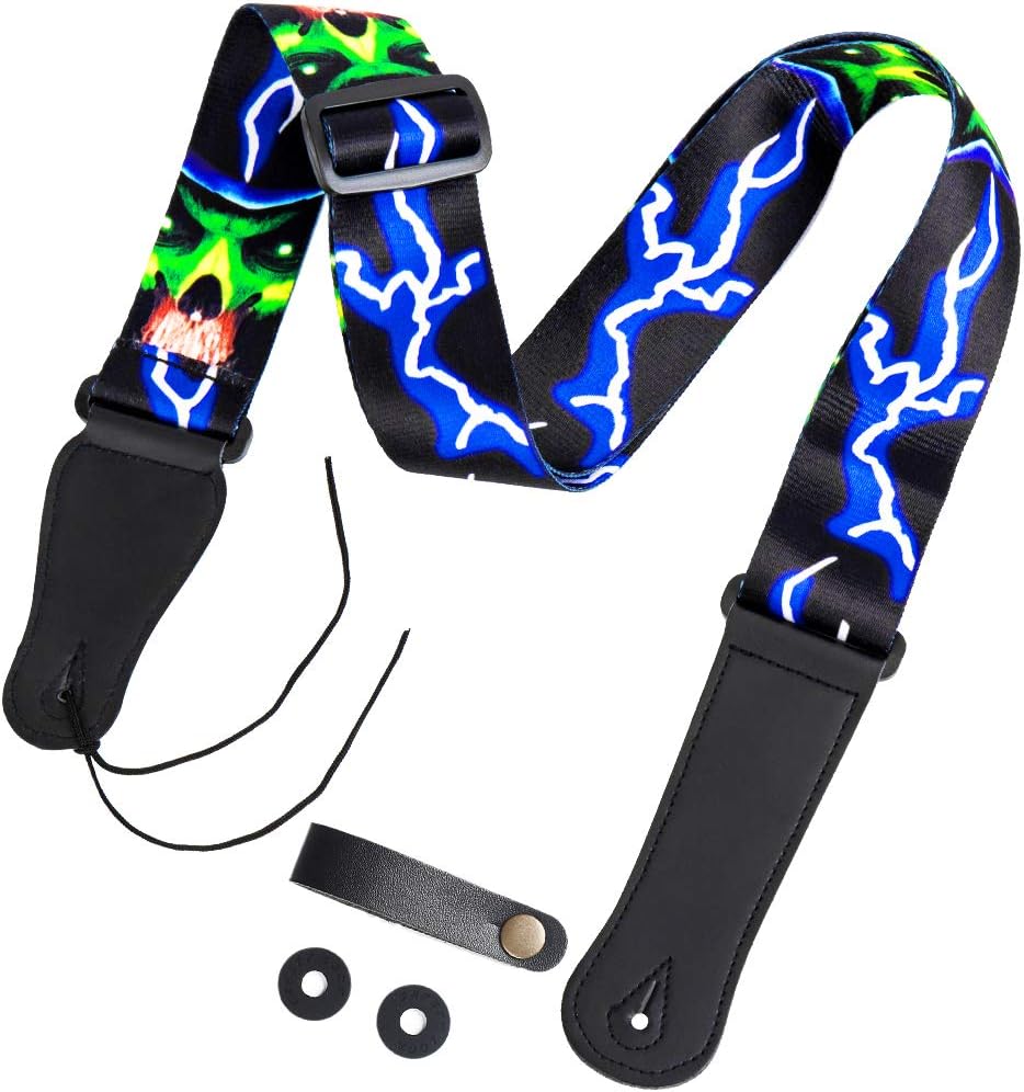 [Latest Design] WorldLite Adjustable Guitar Strap from 38’’ to 63.5’’, Metallica Skull Guitar Strap with Leather Ends, Cool for Bass Electric & Acoustic Guitars – FREE Strap Locks + Strap Button