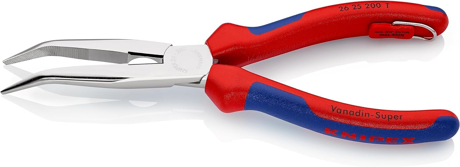 KNIPEX 26 25 200 T Snipe Nose Side Cutting Pliers (Stork Beak Pliers) with tether attachment point chrome plated with multi-component grips, with integrated tether attachment point for a tool tether 200 mm