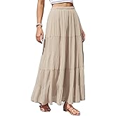 Facogoo Women's Chiffon Maxi Skirt Pleated Elastic High Waisted Tiered A-Line Boho Spring Flowy Long Skirts with Lining