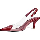 RONILURN Women's Kitten Heels Clear Slingback Closed Pointed Toe Pumps Low Heel Dress Shoes Sling Back Comfortable Transparent PVC