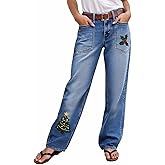 HBDHEJL Women's Wide Leg Jeans Christmas Tree Embroidered Jeans High Waisted Baggy Loose Xmas Holiday Denim Pants with Pocket