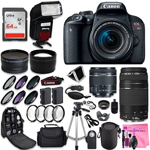 Canon EOS REBEL T7i + Canon EF-S 18-55mm + Canon EF 75-300mm Lens + 0.43 Wide Angle & 2.2 Telephoto Lens + Macro Filter Kit + 64GB Memory Card + Camera Works PRO Accessory Bundle