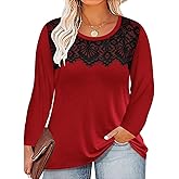 RITERA Plus Size Lace Tops for Women Long Sleeve Crewneck Pullover Fall T-Shirts Tunics Basic Tees T-Shirts XL-5XL