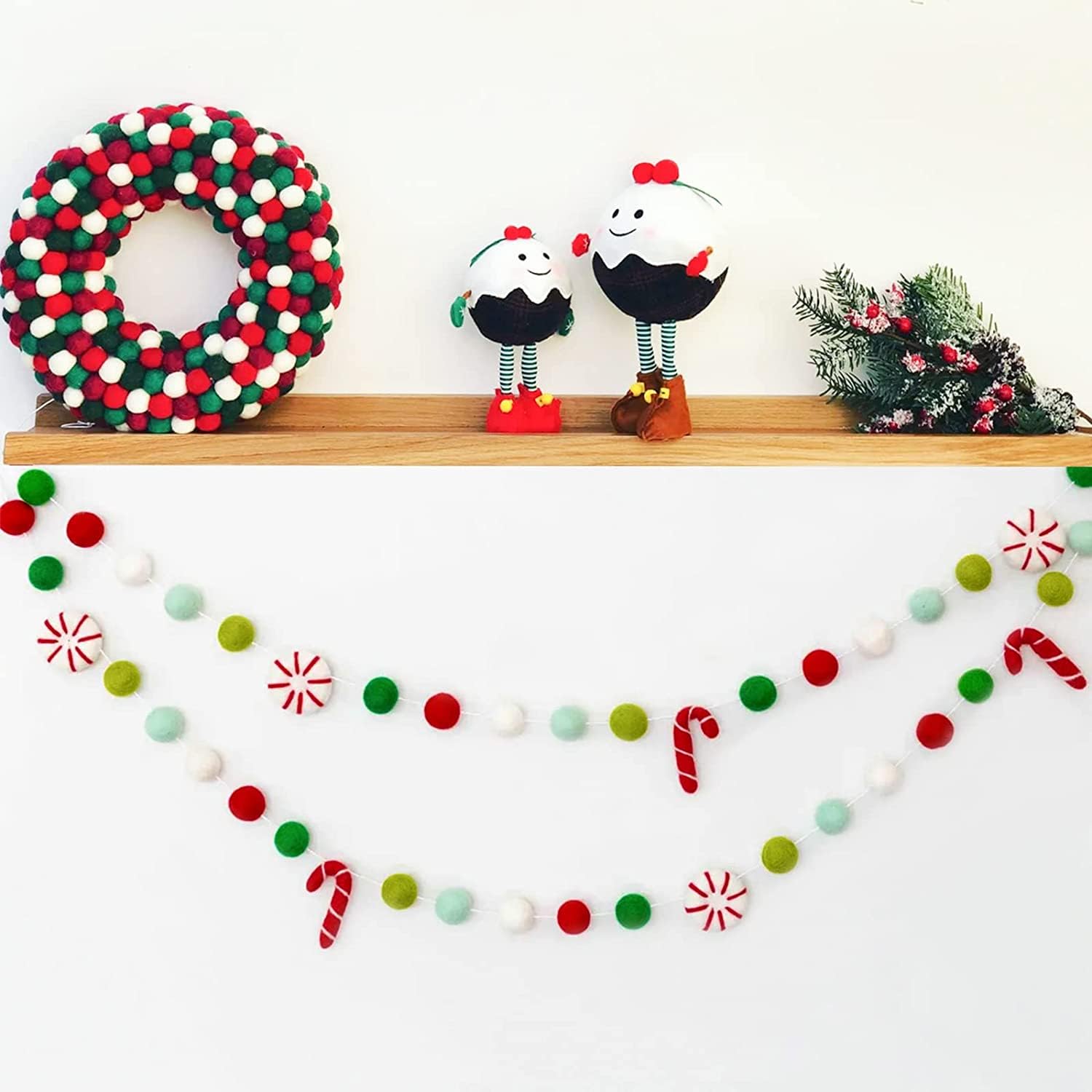 Christmas Felt Ball Garland - Peppermints Candies Pompom Holiday Decoration HandMade, Seasonal Festive Indoor Outdoor Home Decoration for Halloween (Christmas)
