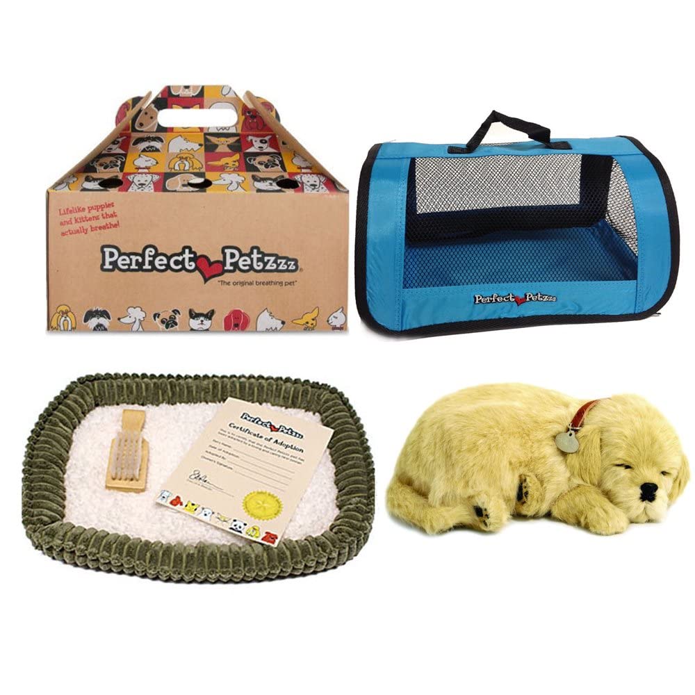Perfect Petzzz ® Golden Retriever + Red Tote - The Original Breathing Pet Puppy New Huggable Soft Version Plush Toy Gift Bundle