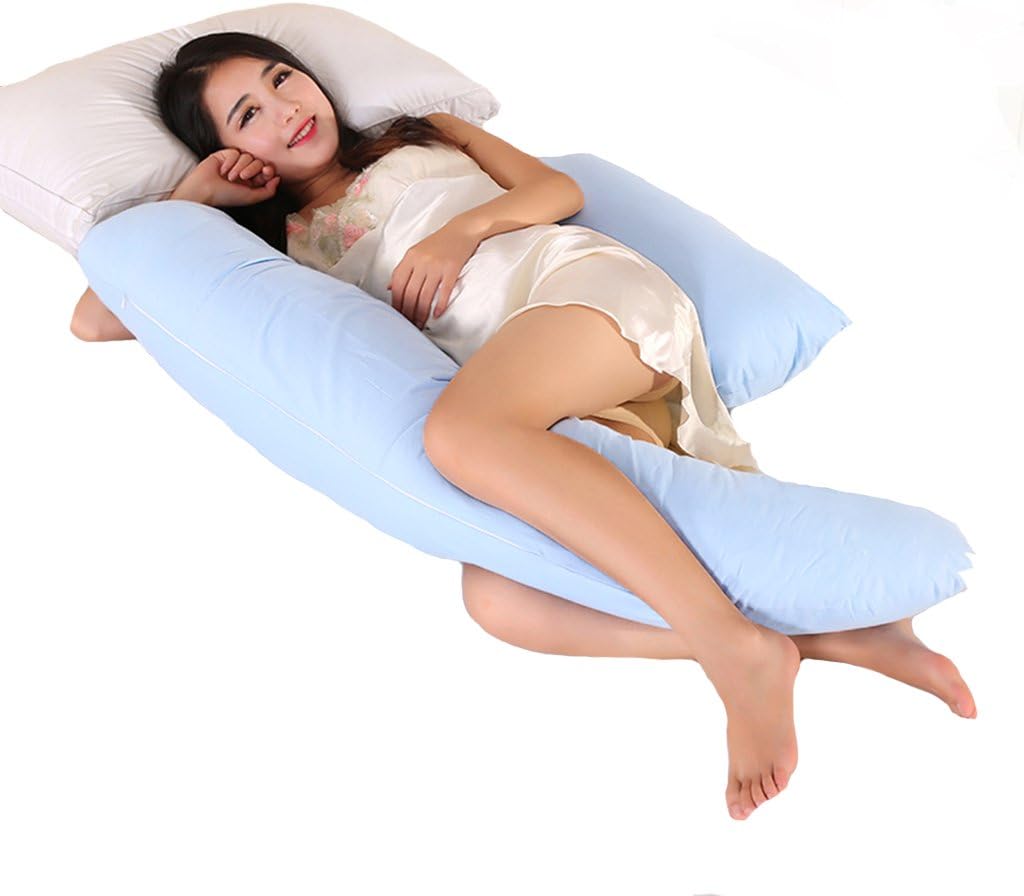 Ovonni Pregnancy Pillow, Full Body Maternity Pillow for Side Sleeping, Nursing, Detachable Belly Contour Pillows with Removable Zipper Cotton Pillowcase Blue