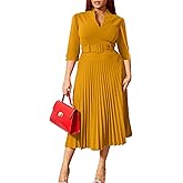 Ekaliy Women's V Neck Business Casual Shirt Dress for Women 3/4 Sleeves Pleated Midi Dresses with Belt