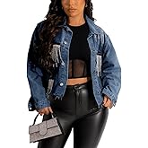 HTD Women's Cropped Jean Jacket Button Up Long Sleeve Ripped Distressed Denim Jacket Frayed Hem