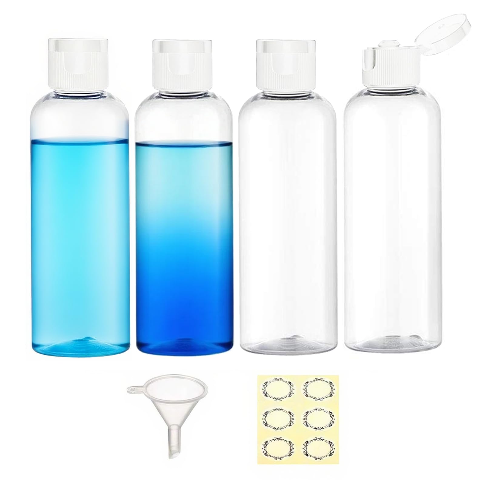 Apstaqeoo 4PCS 150ML Plastic Travel Bottles with White Flip Cap Empty Squeeze Bottle Transparent Refillable Travel Container with Funnel Label for Liquid Lotion Shampoo Toiletries Makeup Cosmetic