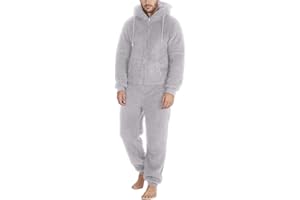 Dgoopd Mens Hooded Fleece Jumpsuit Warm Plush Fuzzy Zipper Solid Color Pajamas Soft And Cozy One Piece Nightwear Sleepwear
