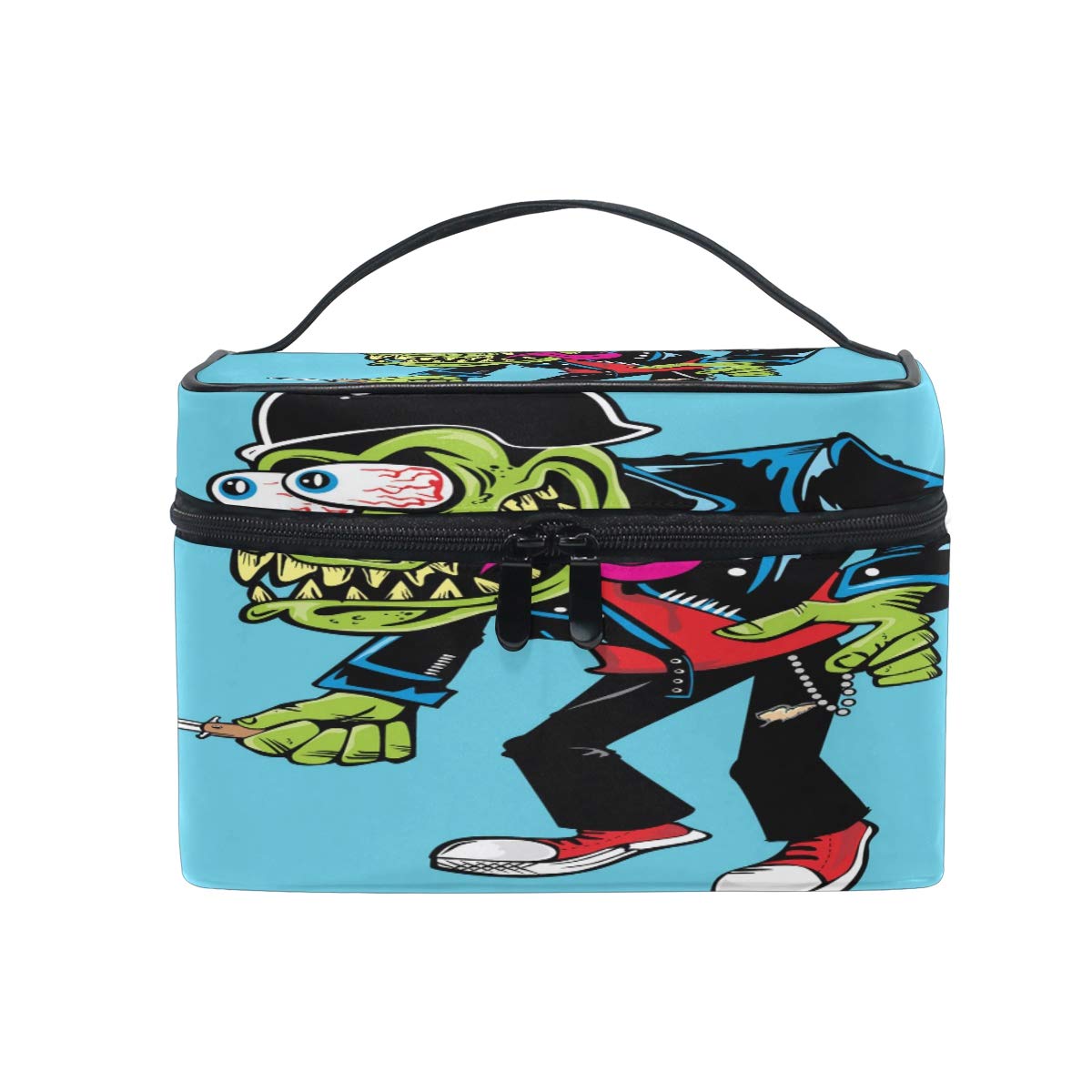 Cosmetic Bag MONSTER Halloween Zombie Cool Makeup Bag Travel Toiletry Bag Cosmetic Train Case Make-Up Tote Organizer Box Storage With Mesh Bag Brush Holder for Women Kids Girls Men
