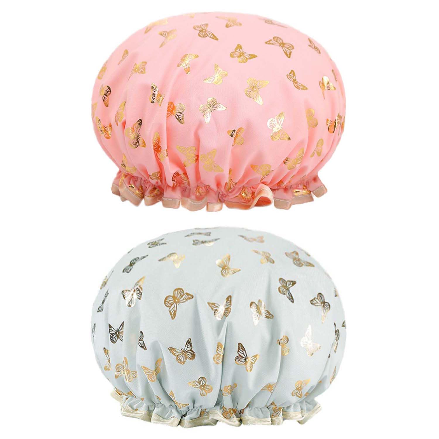 Bath Caps Elastic Band Waterproof Shower Caps With Ruffled Edge Covering Ears Keeping Hair Dry Kitchen Oil-proof Cap for Girls and Women (butterfly)