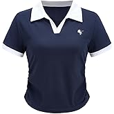 winkbay Women's Summer Ruched Collar V Neck T Shirts Vintage Short Sleeve Dressy Casual Tops