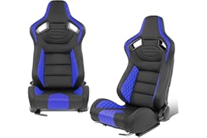DNA MOTORING Pair of Universal Reclinable Bucket Seats with Bottom Mount Sliders, 21" W X 22" D X 38" H, Black/Blue, RS-JBR-003-BL