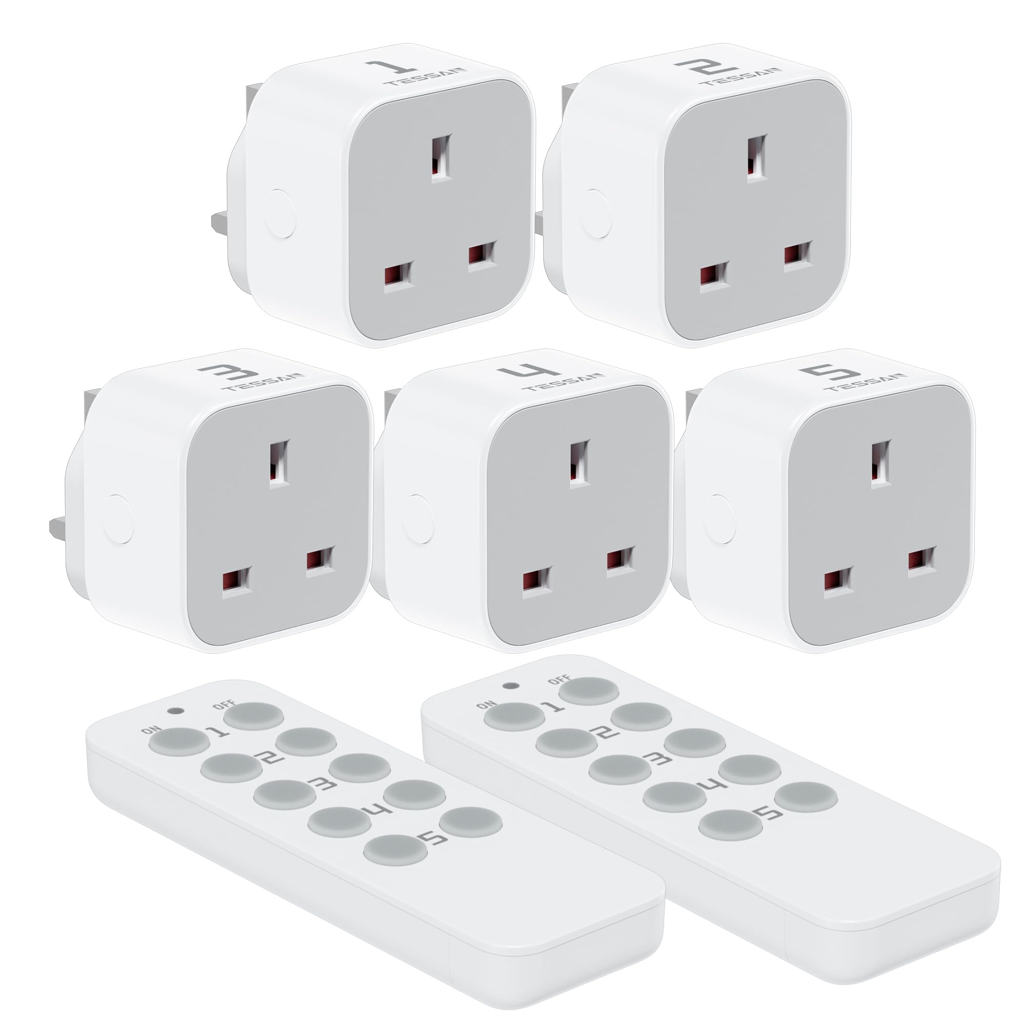 TESSAN Remote Control Plug Socket UK, 30M/100ft Operating Range, Wireless Light Switch for Indoor String Lights, Lamps, 2 Remotes and 5 Sockets