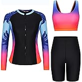 JACK SMITH Women's 3 Piece Long Sleeve Rash Guard Swimsuits Zip Front Bathing Suit Tankini Swimsuits UPF 50