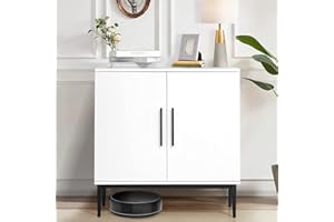 KFO Storage Cabinet with Doors, White Accent Cabinet, Modern Free Standing Cabinet, Sideboard with Metal Base for Bedroom, Living Room, Kitchen and Office