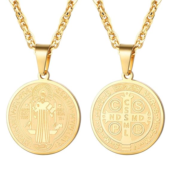 PROSTEEL Kette Edelstahl/18k vergoldet Benediktusmedaille Anhänger Halskette Benediktus Religiöse Damen Herren Schmuck