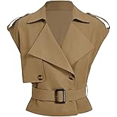GORGLITTER Women's Cropped Short Trench Coat Casual Dressy Belted Cap Sleeve Sleeveless Vest Coats Crop Going Out Jackets